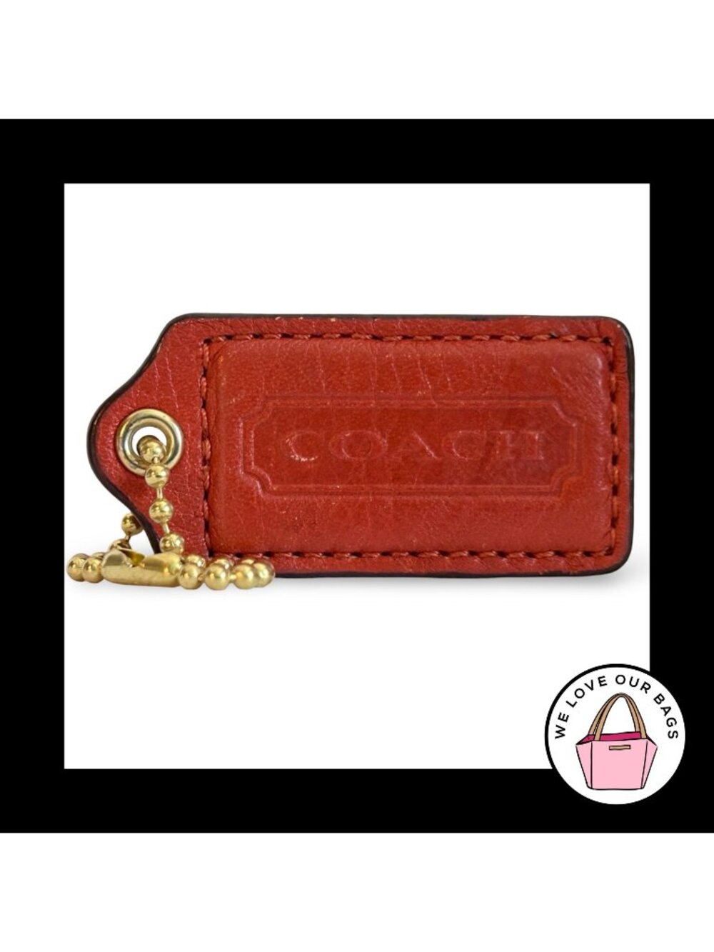 COACH HANG TAG 2.5" Burnt Orange Leather Bag Charm Keychain Fob Brass Large